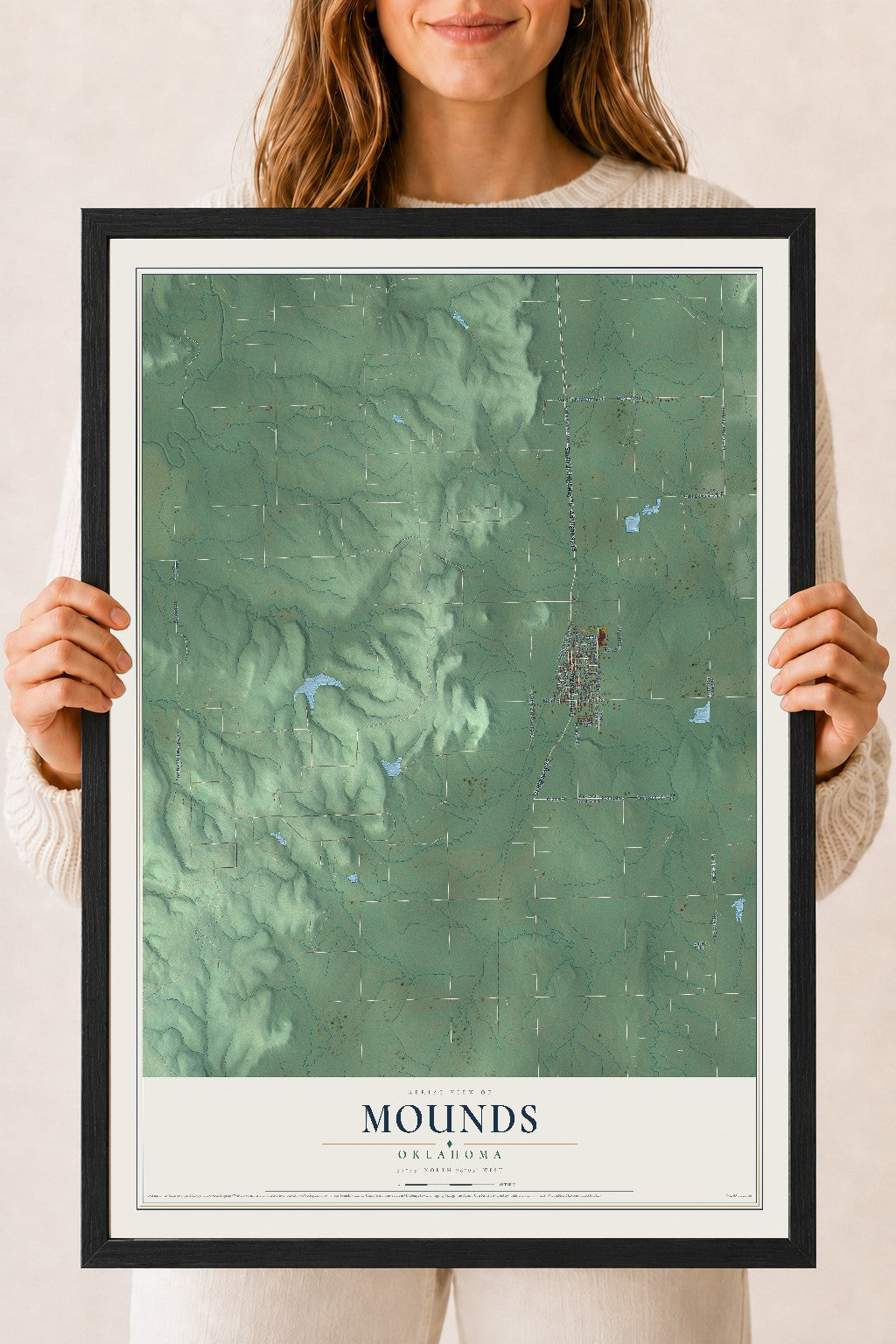 Map of Mounds, Oklahoma, 18 x 24 inch print in a black wood frame