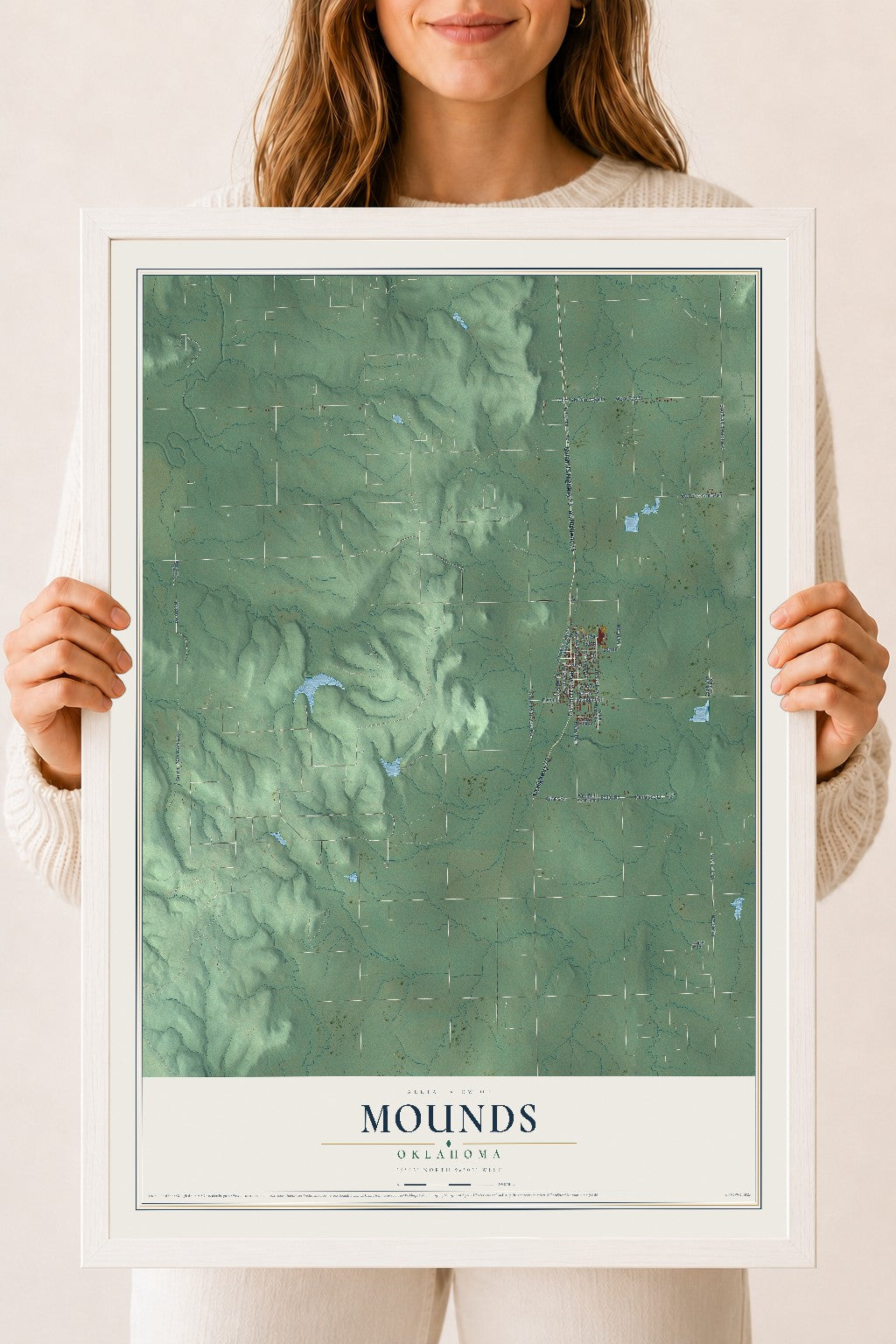Map of Mounds, Oklahoma, 18 x 24 inch print in a white wood frame