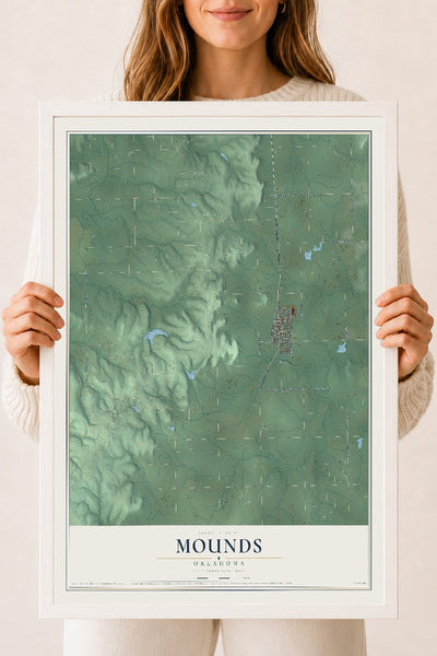 Map of Mounds, Oklahoma, 18 x 24 inch print in a white wood frame