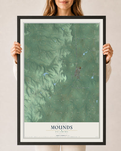 Map of Mounds, Oklahoma, 24 x 36 inch print in a black wood frame