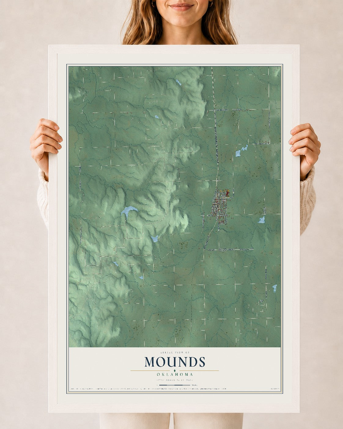 Map of Mounds, Oklahoma, 24 x 36 inch print in a white wood frame