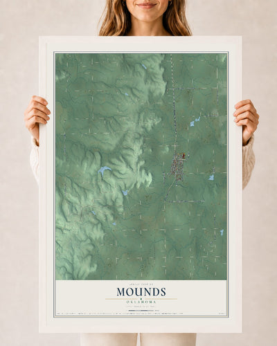 Map of Mounds, Oklahoma, 24 x 36 inch print in a white wood frame