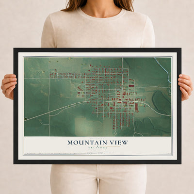 Map of Mountain View, Oklahoma, 12 x 18 inch print in a black wood frame