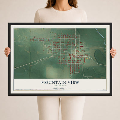 Map of Mountain View, Oklahoma, 24 x 36 inch print in a black wood frame