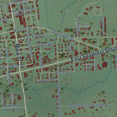 Close-up of the map of Muldrow, Oklahoma print showing street and building detail
