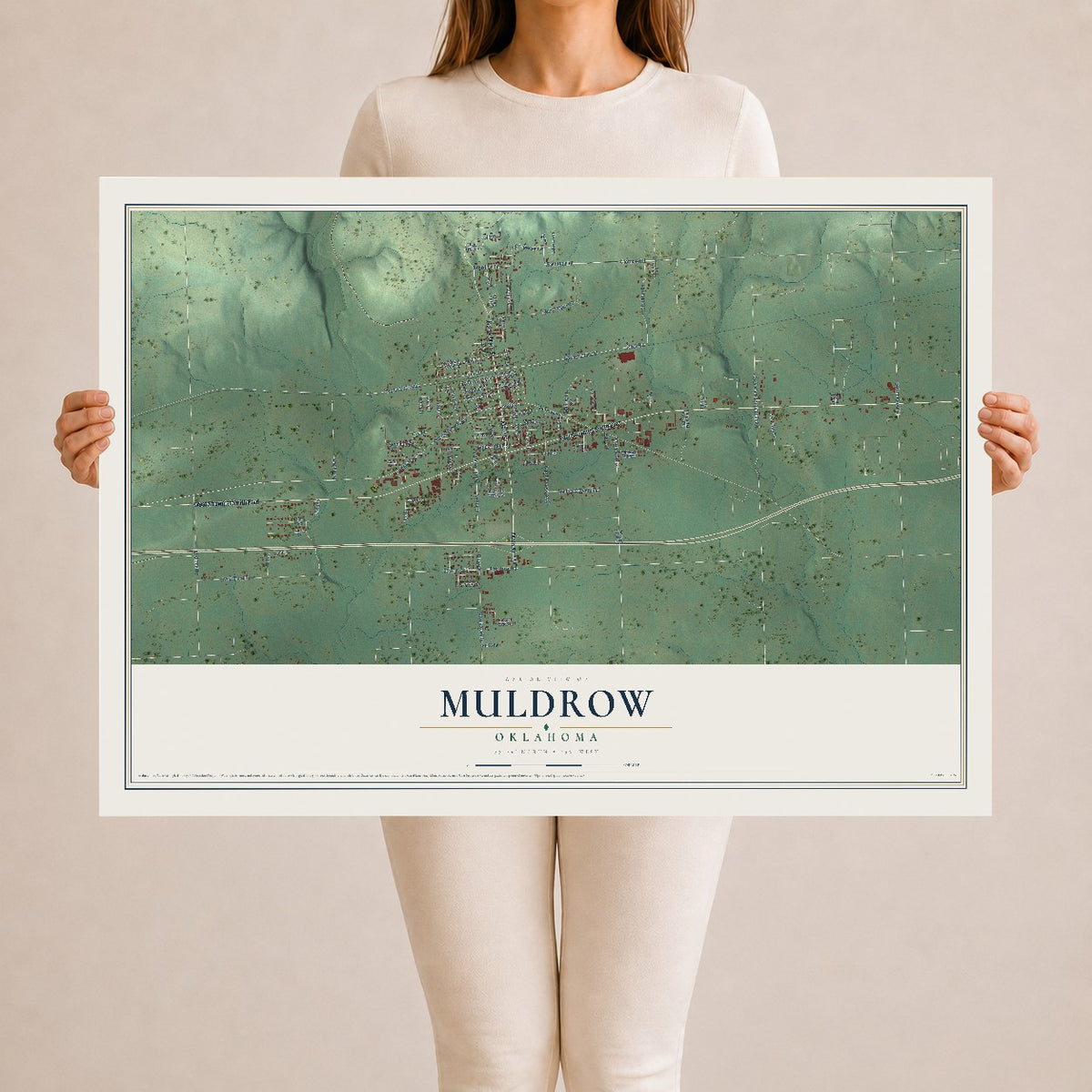 Map of Muldrow, Oklahoma, 24 x 36 inch unframed archival matte print