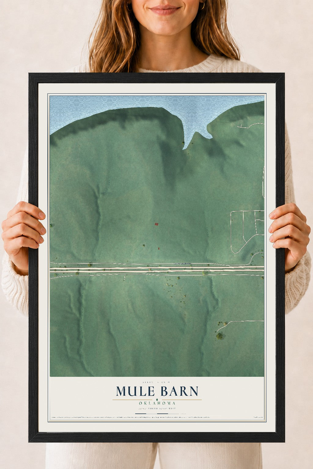 Map of Mule Barn, Oklahoma, 18 x 24 inch print in a black wood frame