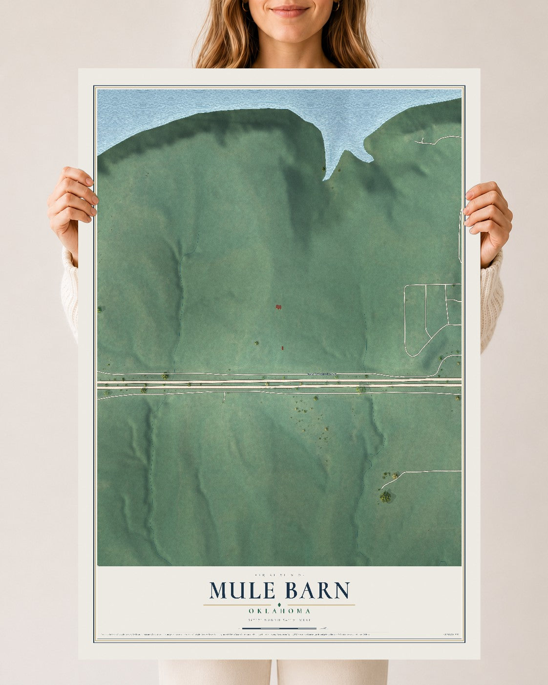 Map of Mule Barn, Oklahoma, 24 x 36 inch unframed archival matte print