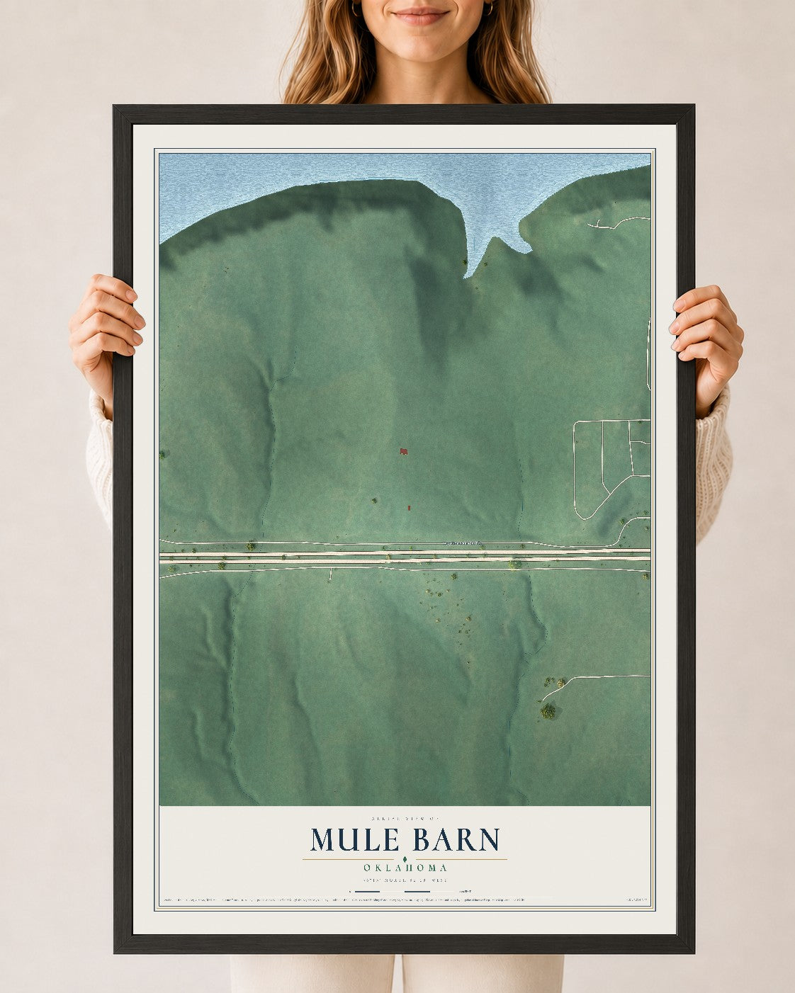Map of Mule Barn, Oklahoma, 24 x 36 inch print in a black wood frame