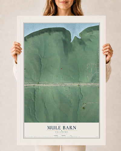 Map of Mule Barn, Oklahoma, 24 x 36 inch print in a white wood frame