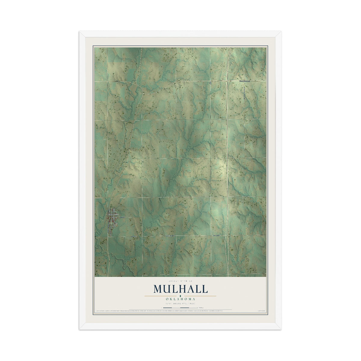 Map of Mulhall, Oklahoma, 12 x 18 inch print in a white wood frame