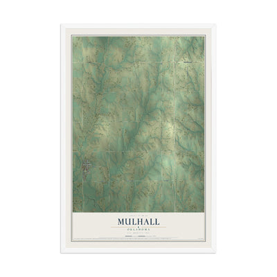 Map of Mulhall, Oklahoma, 12 x 18 inch print in a white wood frame
