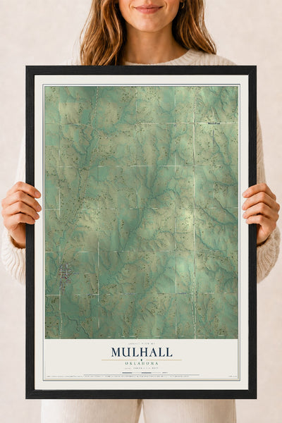 Map of Mulhall, Oklahoma, 18 x 24 inch print in a black wood frame