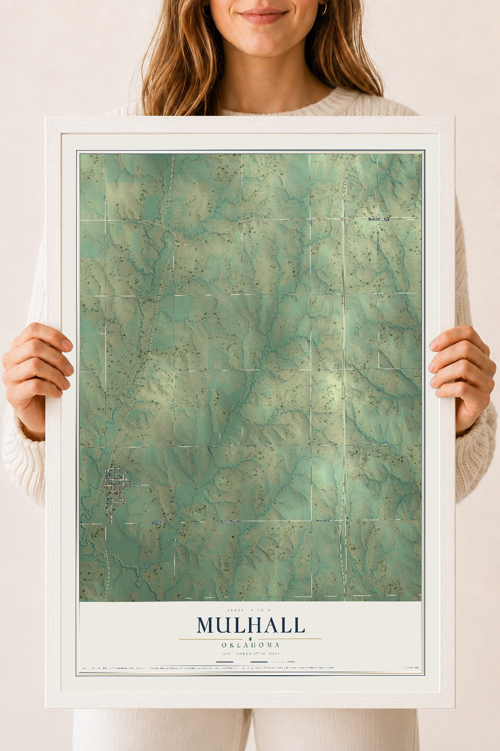 Map of Mulhall, Oklahoma, 18 x 24 inch print in a white wood frame