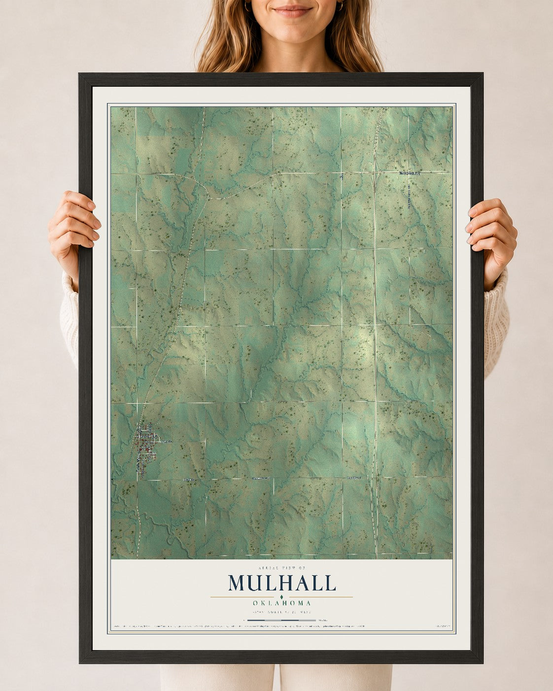 Map of Mulhall, Oklahoma, 24 x 36 inch print in a black wood frame