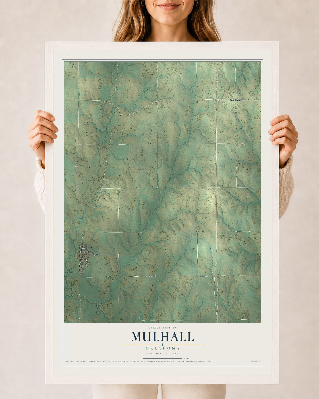 Map of Mulhall, Oklahoma, 24 x 36 inch print in a white wood frame
