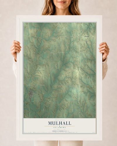Map of Mulhall, Oklahoma, 24 x 36 inch print in a white wood frame