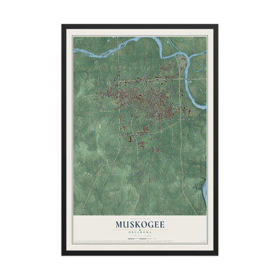 Map of Muskogee, Oklahoma, 12 x 18 inch print in a black wood frame