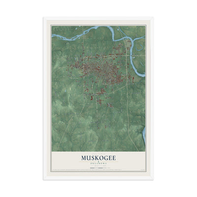 Map of Muskogee, Oklahoma, 12 x 18 inch print in a white wood frame