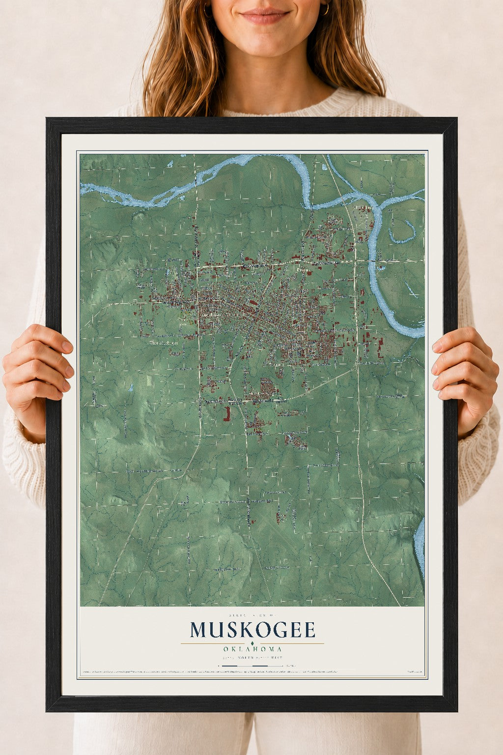 Map of Muskogee, Oklahoma, 18 x 24 inch print in a black wood frame
