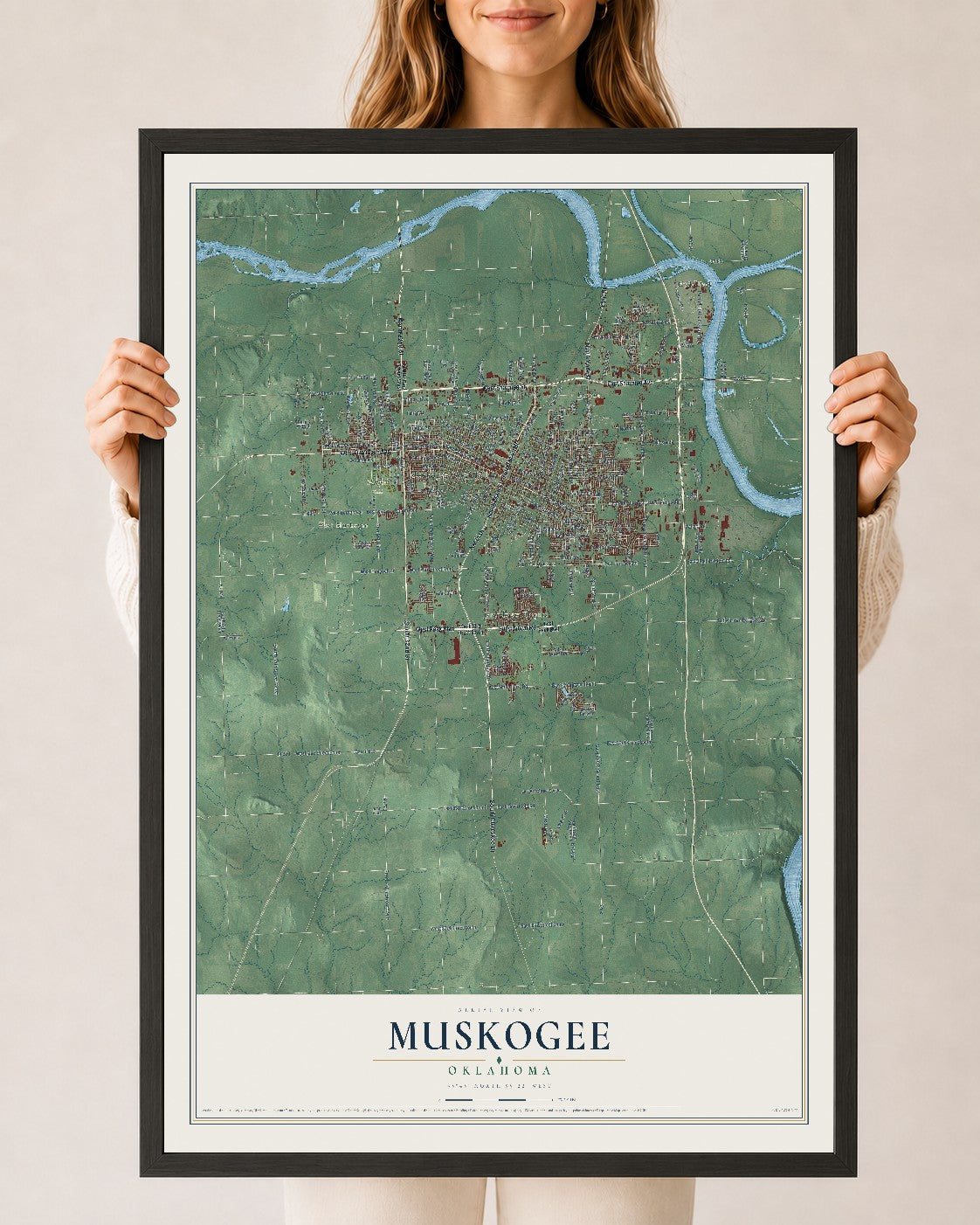 Map of Muskogee, Oklahoma, 24 x 36 inch print in a black wood frame