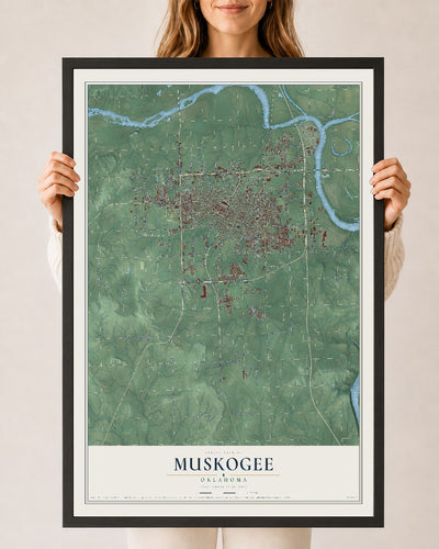 Map of Muskogee, Oklahoma, 24 x 36 inch print in a black wood frame