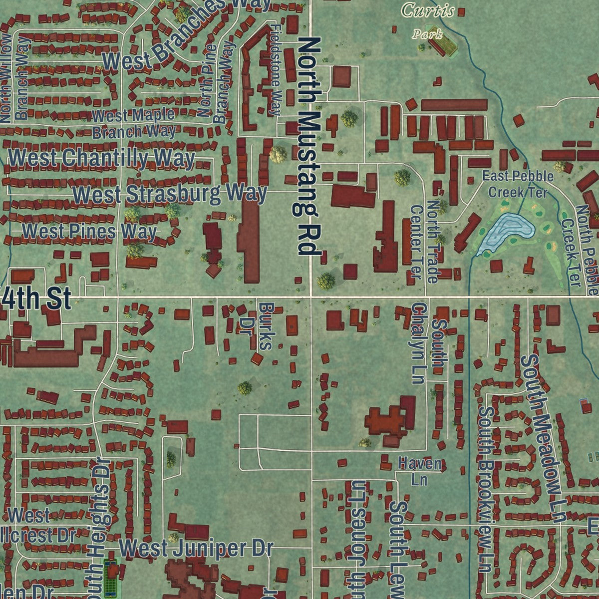 Close-up of the map of Mustang, Oklahoma print showing street and building detail