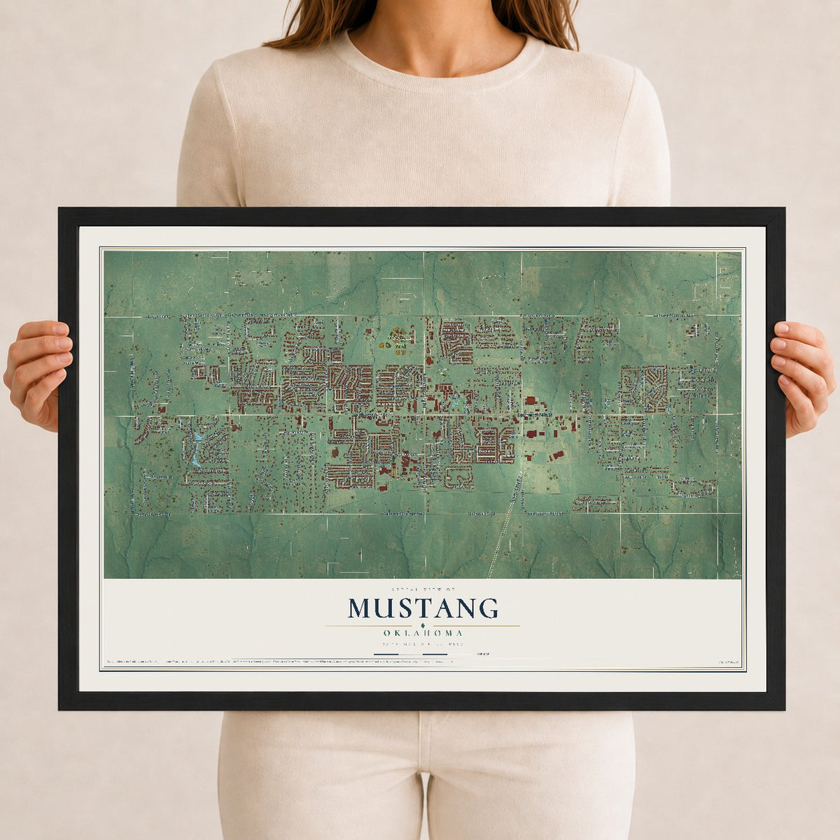 Map of Mustang, Oklahoma, 12 x 18 inch print in a black wood frame