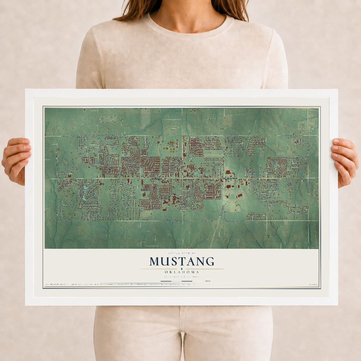 Map of Mustang, Oklahoma, 12 x 18 inch print in a white wood frame