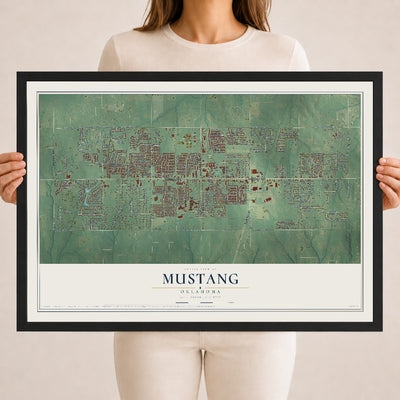 Map of Mustang, Oklahoma, 18 x 24 inch print in a black wood frame