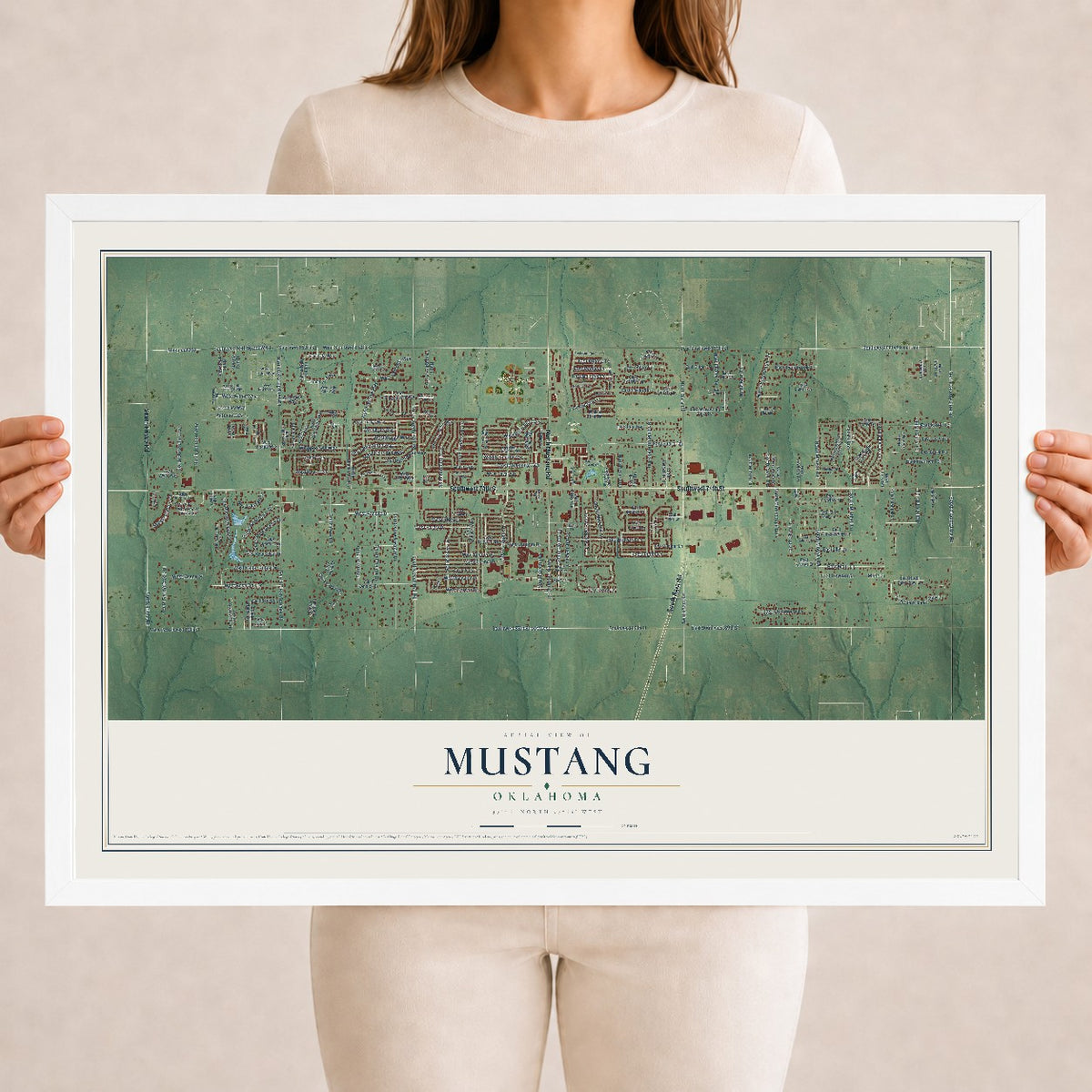 Map of Mustang, Oklahoma, 18 x 24 inch print in a white wood frame