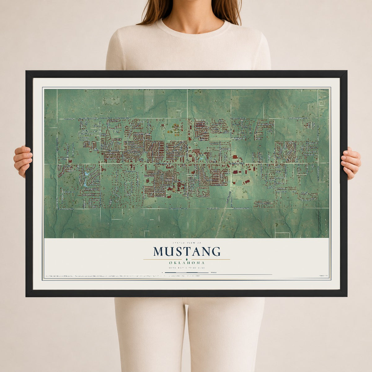 Map of Mustang, Oklahoma, 24 x 36 inch print in a black wood frame