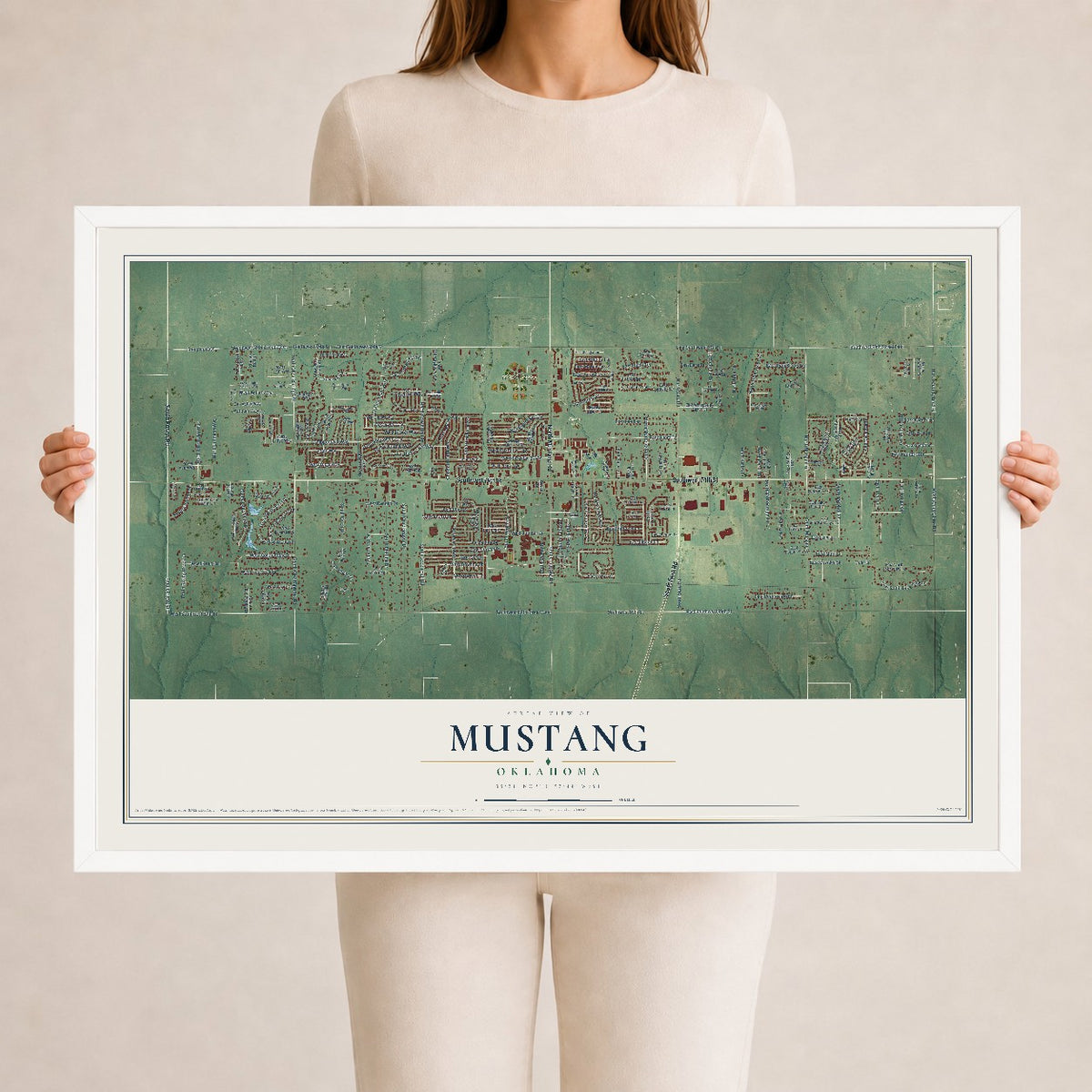 Map of Mustang, Oklahoma, 24 x 36 inch print in a white wood frame