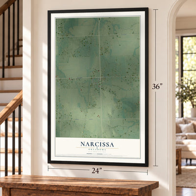 Narcissa, Oklahoma map, 24 x 36 inch print in a black frame by a staircase