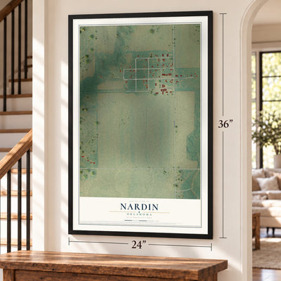 Nardin, Oklahoma map, 24 x 36 inch print in a black frame by a staircase