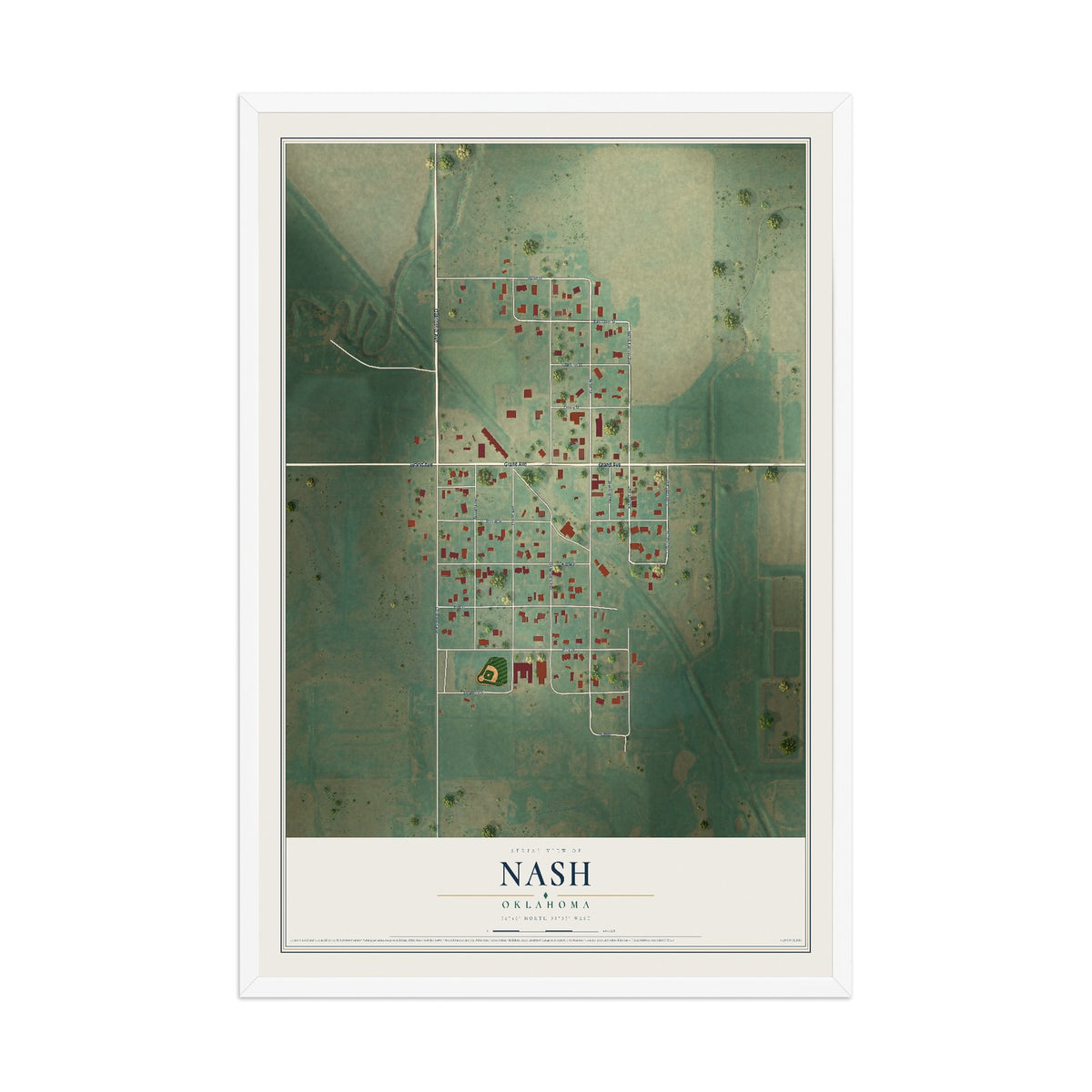 Map of Nash, Oklahoma, 12 x 18 inch print in a white wood frame
