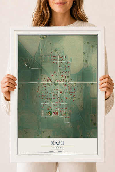 Map of Nash, Oklahoma, 18 x 24 inch print in a white wood frame