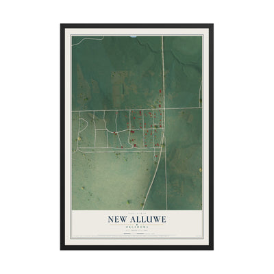 Map of New Alluwe, Oklahoma, 12 x 18 inch print in a black wood frame