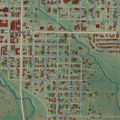 Close-up of the map of New Cordell, Oklahoma print showing street and building detail