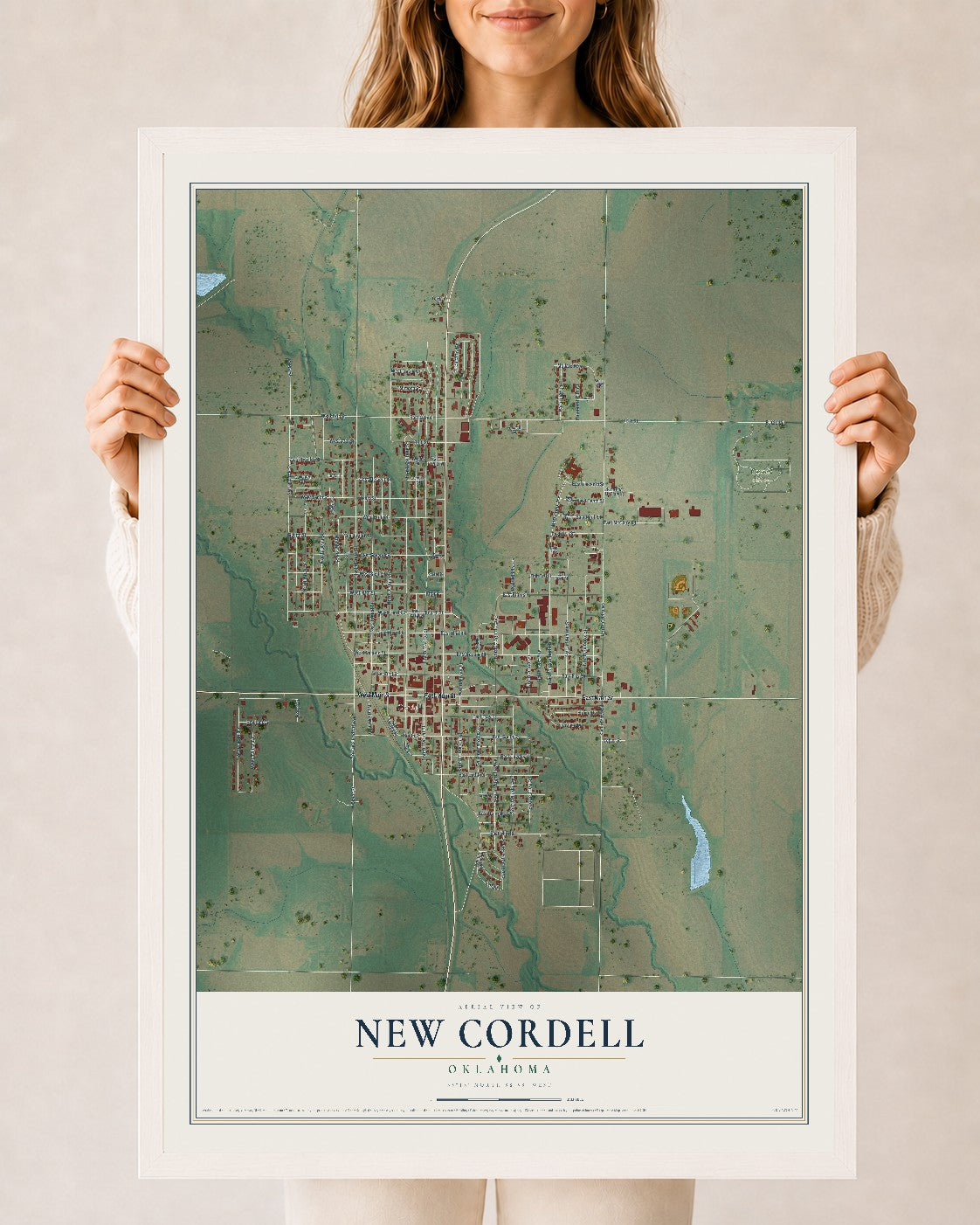 Map of New Cordell, Oklahoma, 24 x 36 inch print in a white wood frame