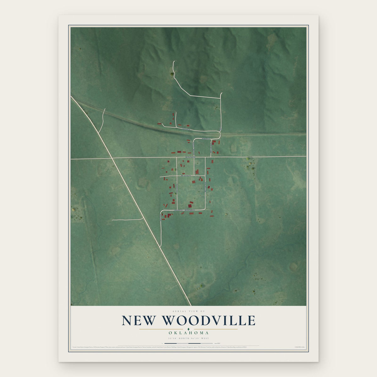 New Woodville, Oklahoma map print, the full design