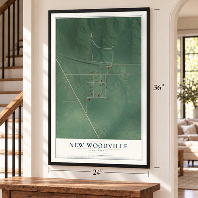New Woodville, Oklahoma map, 24 x 36 inch print in a black frame by a staircase