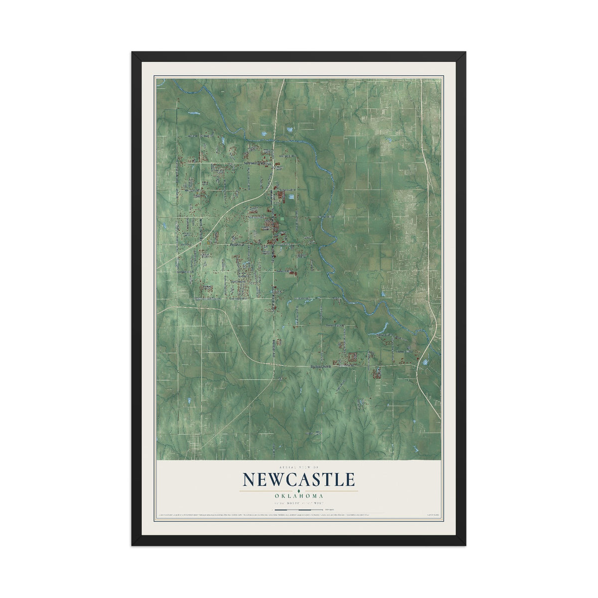 Map of Newcastle, Oklahoma, 12 x 18 inch print in a black wood frame