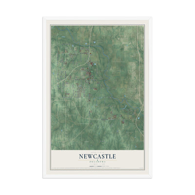 Map of Newcastle, Oklahoma, 12 x 18 inch print in a white wood frame