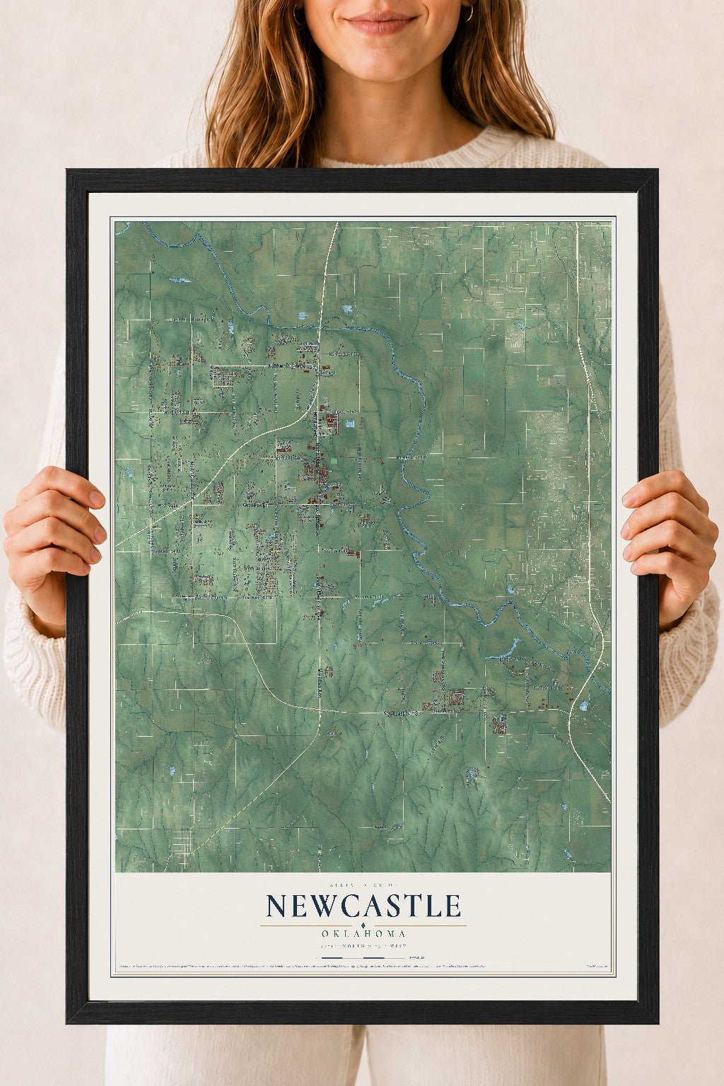 Map of Newcastle, Oklahoma, 18 x 24 inch print in a black wood frame