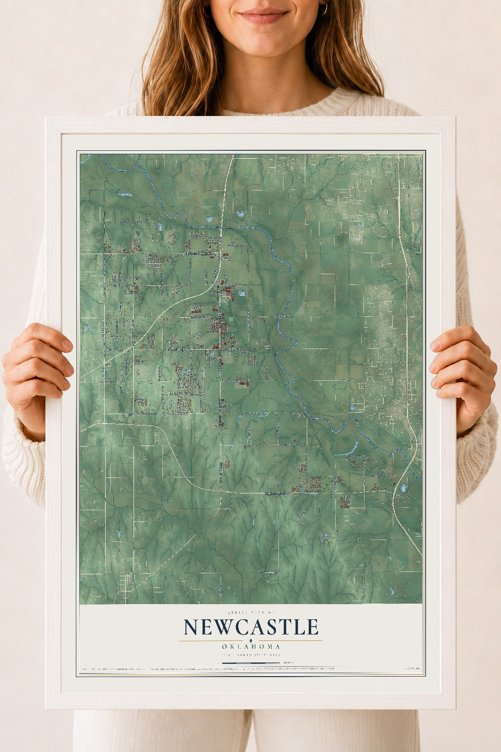 Map of Newcastle, Oklahoma, 18 x 24 inch print in a white wood frame