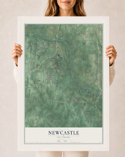 Map of Newcastle, Oklahoma, 24 x 36 inch print in a white wood frame