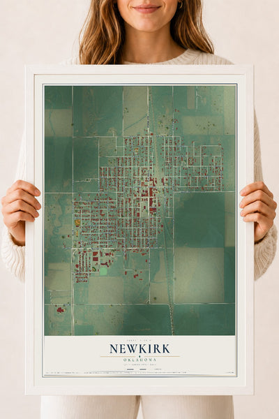 Map of Newkirk, Oklahoma, 18 x 24 inch print in a white wood frame