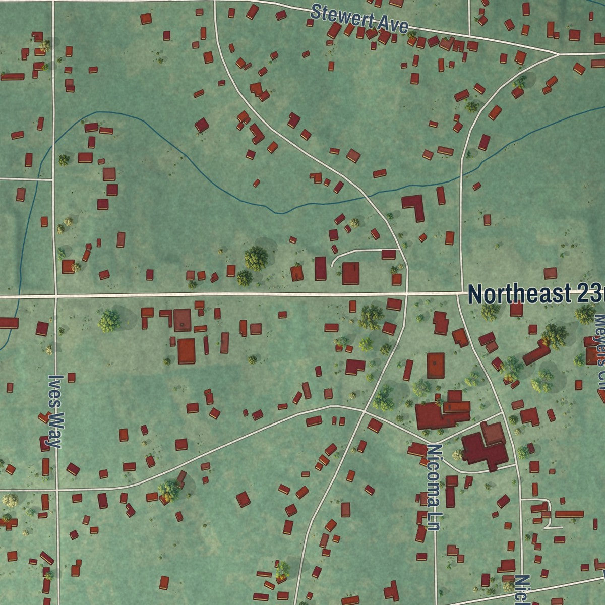 Close-up of the map of Nicoma Park, Oklahoma print showing street and building detail