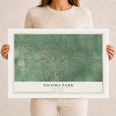 Map of Nicoma Park, Oklahoma, 12 x 18 inch print in a white wood frame